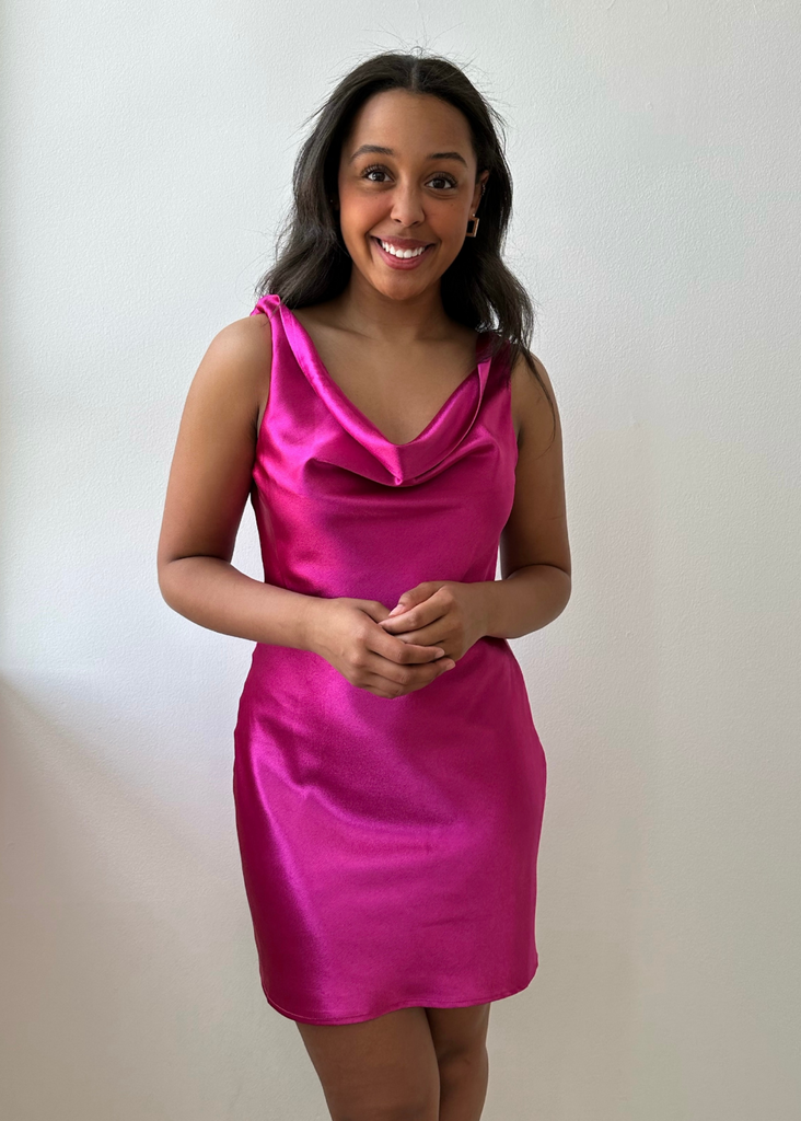 fuchsia silk cowl neck dress