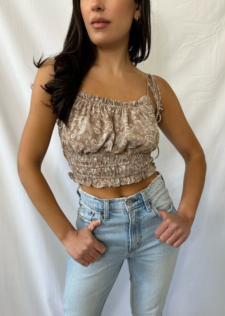 brown and white paisley print cropped top with straps that tie